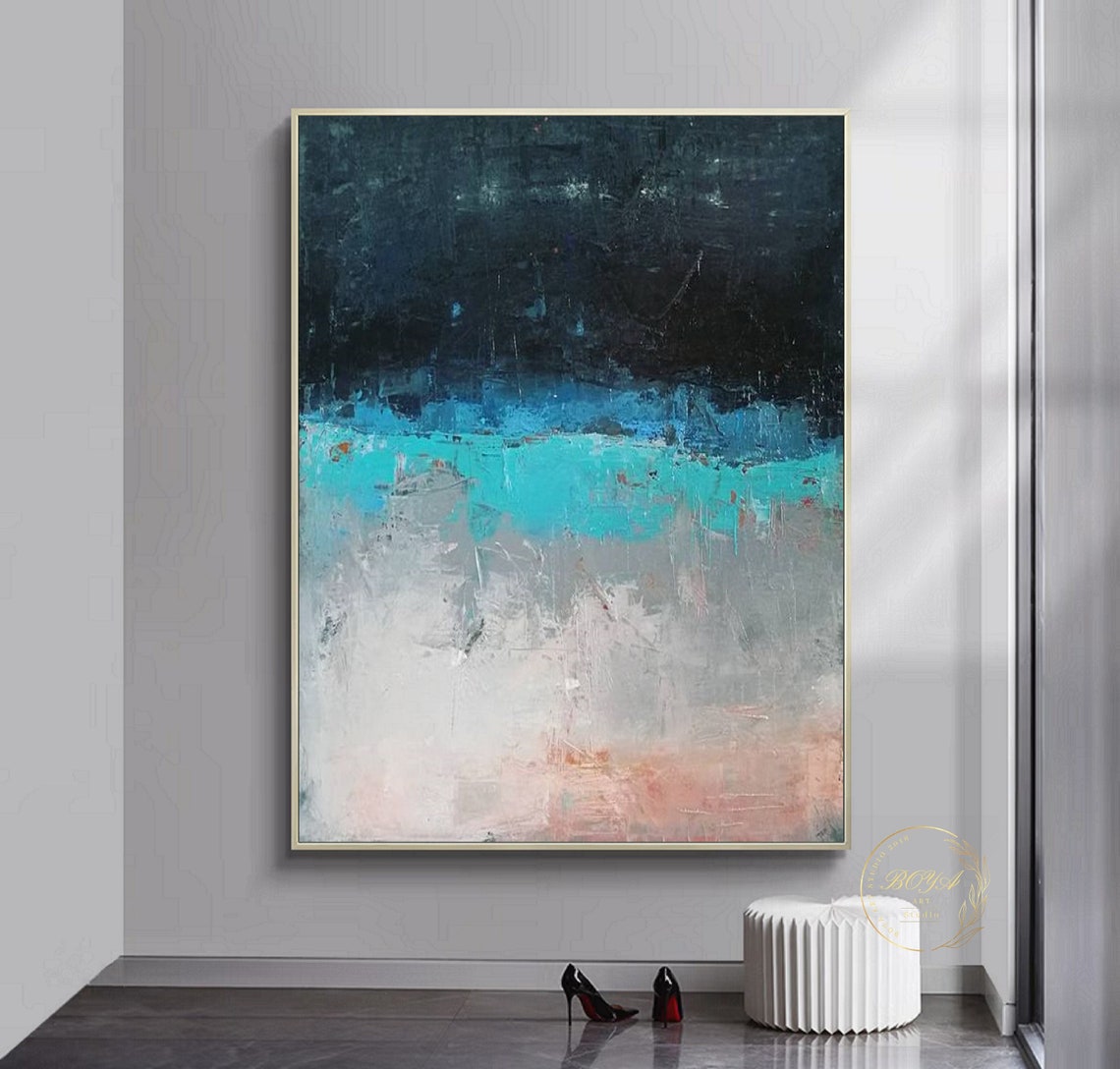 Moody Dark Blue Turquoise Abstract Seascape Painting Art Poster - Image 4