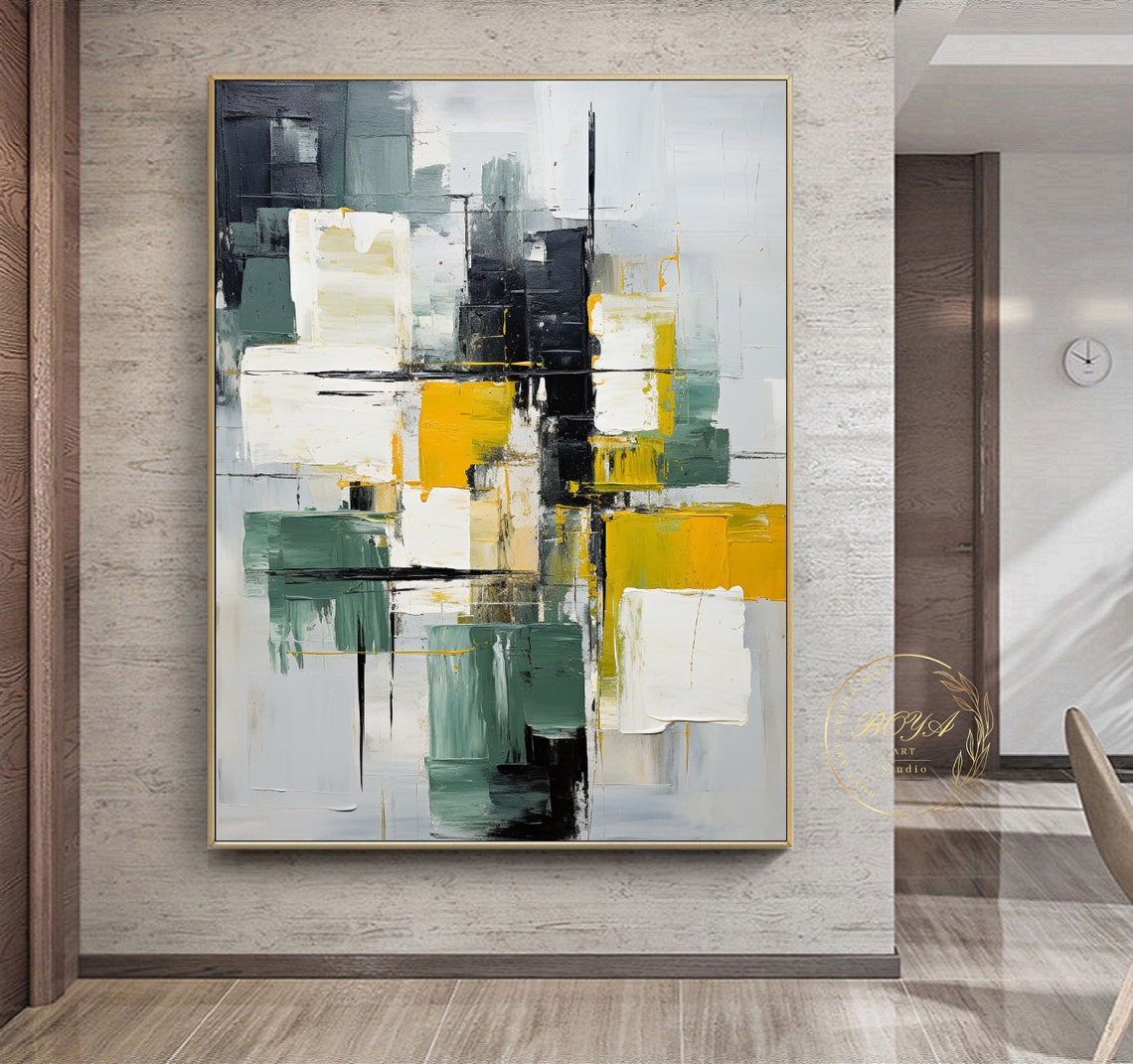 Moody Gray Green Yellow Black Cityscape Blocks Abstract Poster - Image 2