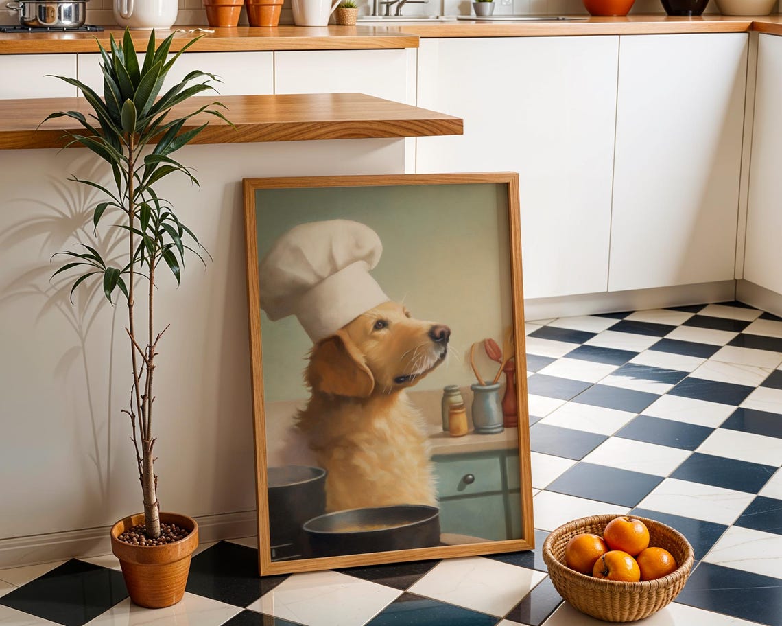 Golden Retriever Chef Hat Portrait Funny Dog Kitchen Art Poster