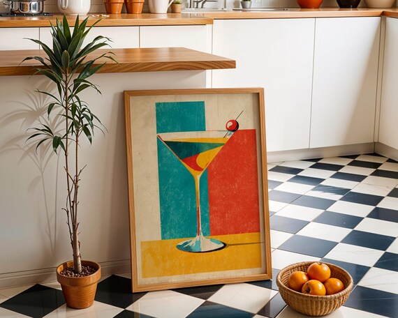 Retro Kitchen Print Wall Art Vintage Wine Midcentury Modern Abstract