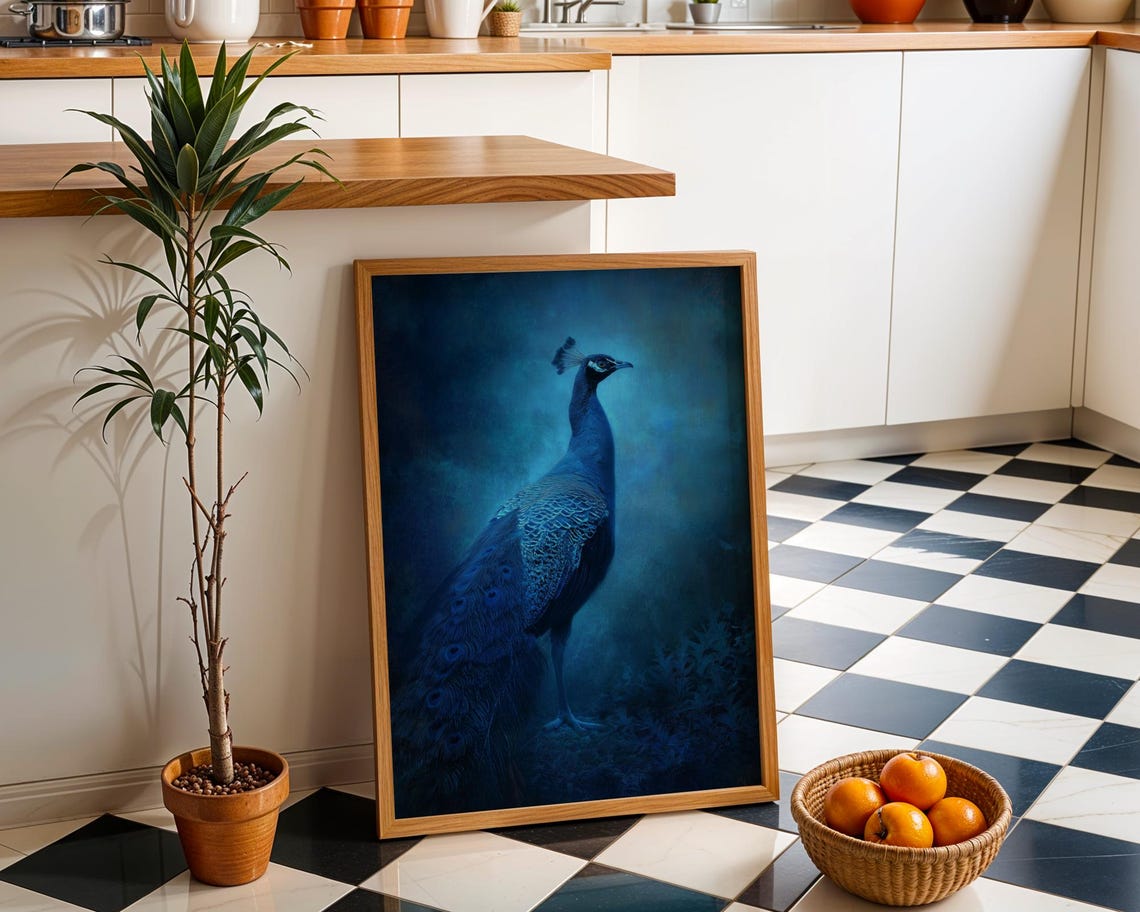 Peacock Deep Teal Portrait Elegant Dark Bird Photography Poster