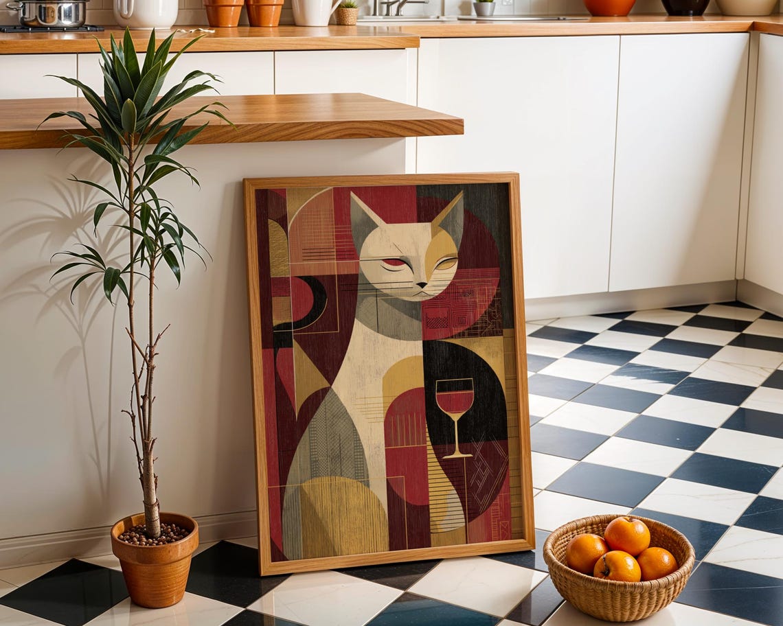 Cubist Cat Art Geometric Midcentury Modern Abstract Wine Glass Poster