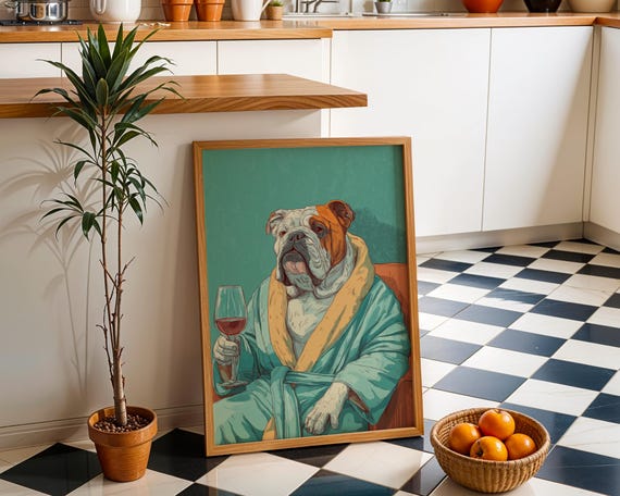 Wine Bulldog Art Print Funny Dog Drinking Wall Relaxing Illustration In Robe Whimsical Animal Dcor Fun Bar Artwork