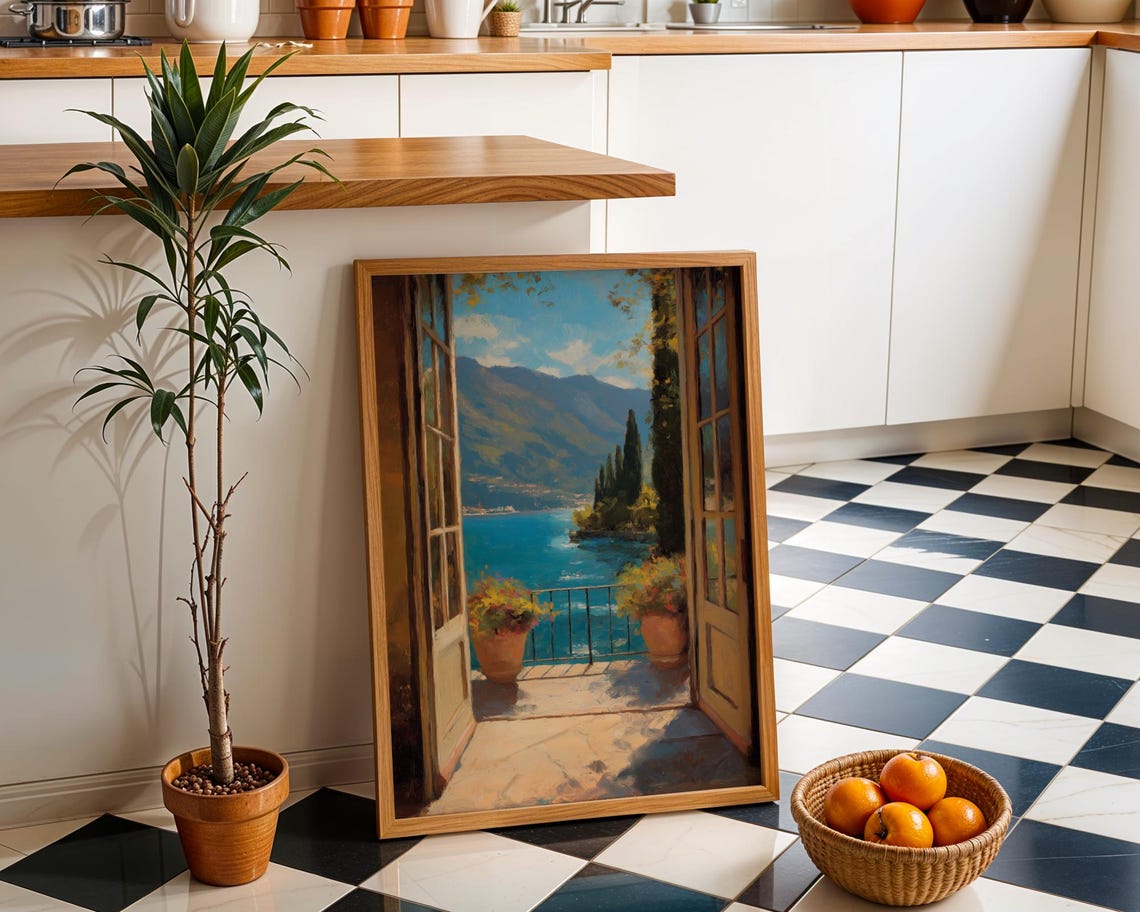 French Doors Opening To Lakeside Terrace And Mountains Painting Poster