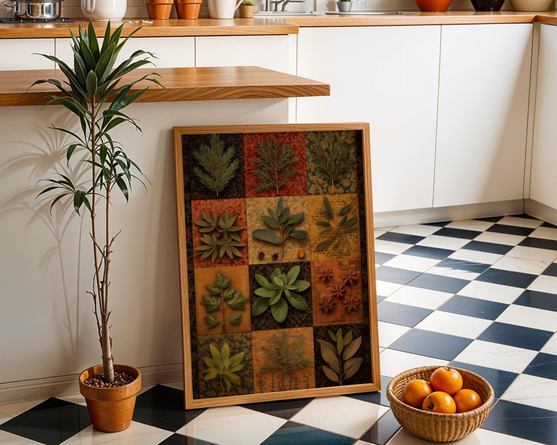 Herb Patchwork Quilt Squares Rustic Botanical Kitchen Poster