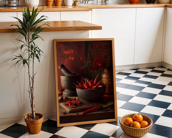 Rustic Chili Pepper Still Life Kitchen Poster Spicy Food Mortar Pestle Art