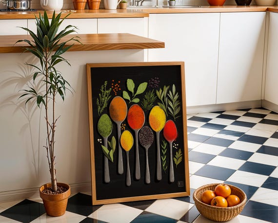 Herb And Spice Kitchen Wall Art Print Botanical Food Illustration Rustic Modern Dining Room Decor Whimsical Cooking Artwork