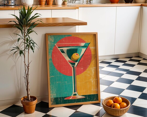Retro Martini Glass Cherry Red Sun Vintage Cocktail Bar Poster