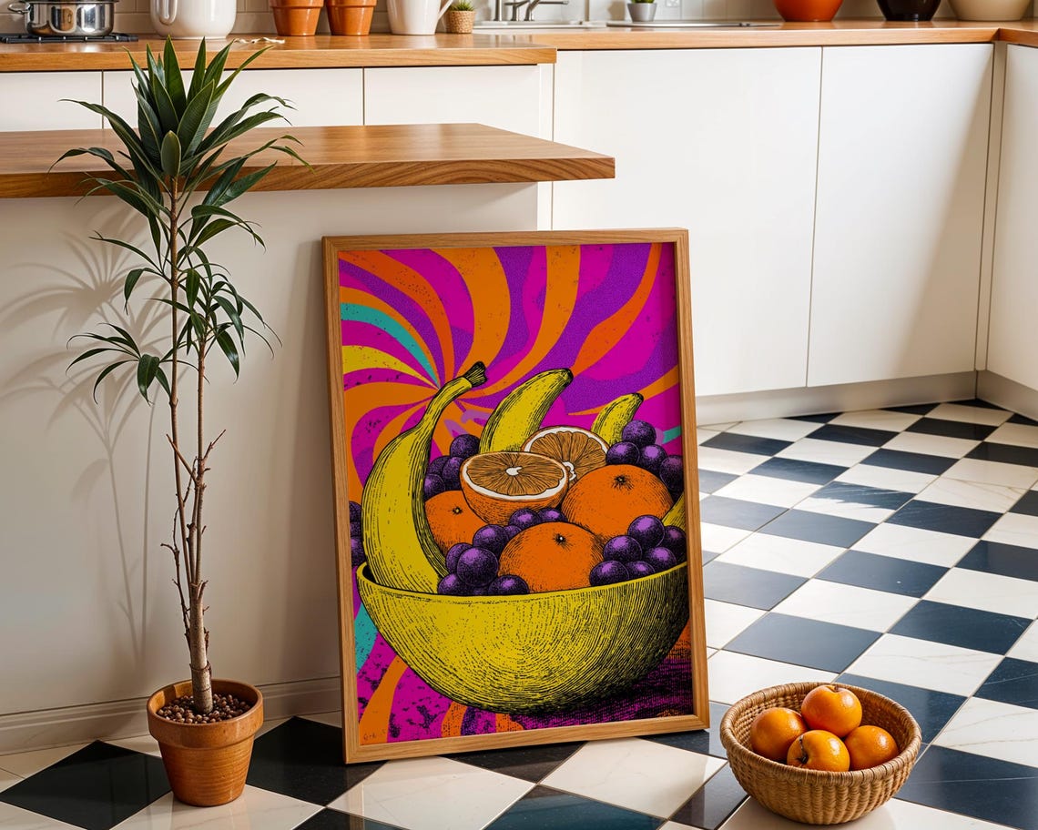 Neon Psychedelic Fruit Bowl Bananas Grapes Retro Kitchen Poster
