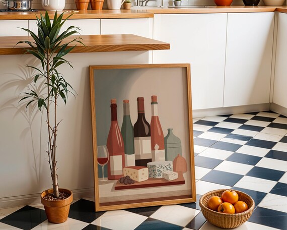 Wine And Cheese Still Life Painting Warm Kitchen Wall Decor Poster