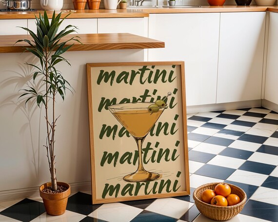 Retro Martini Cocktail Bar Poster Vintage Midcentury Kitchen Drink Artwork