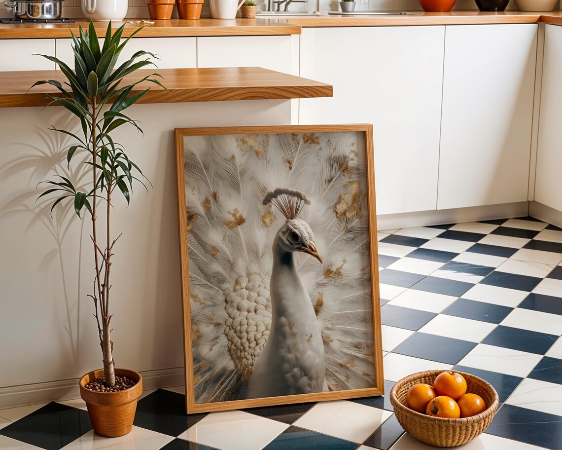 White Peacock Wall Art Neutral Boho Bird Print Elegant Nature Illustration Minimalist Botanical Dcor Modern Living Room Artwork