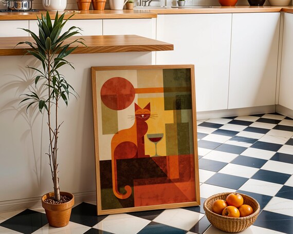 Geometric Orange Cat With Wine Glass Cubist Midcentury Modern Wall Poster