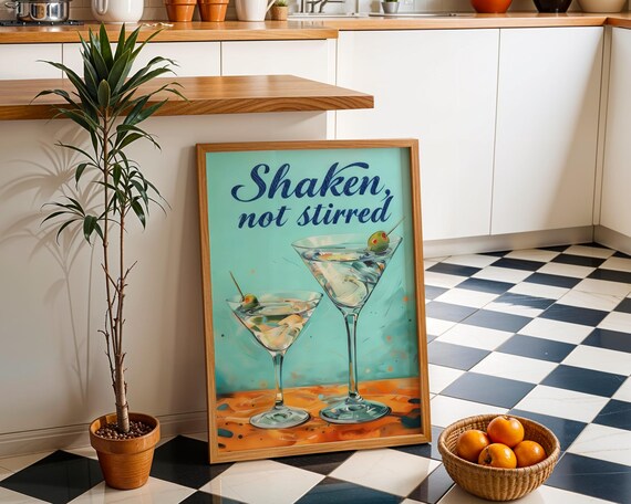 Shaken Not Stirred Martini Glasses Retro Turquoise Cocktail Bar Poster