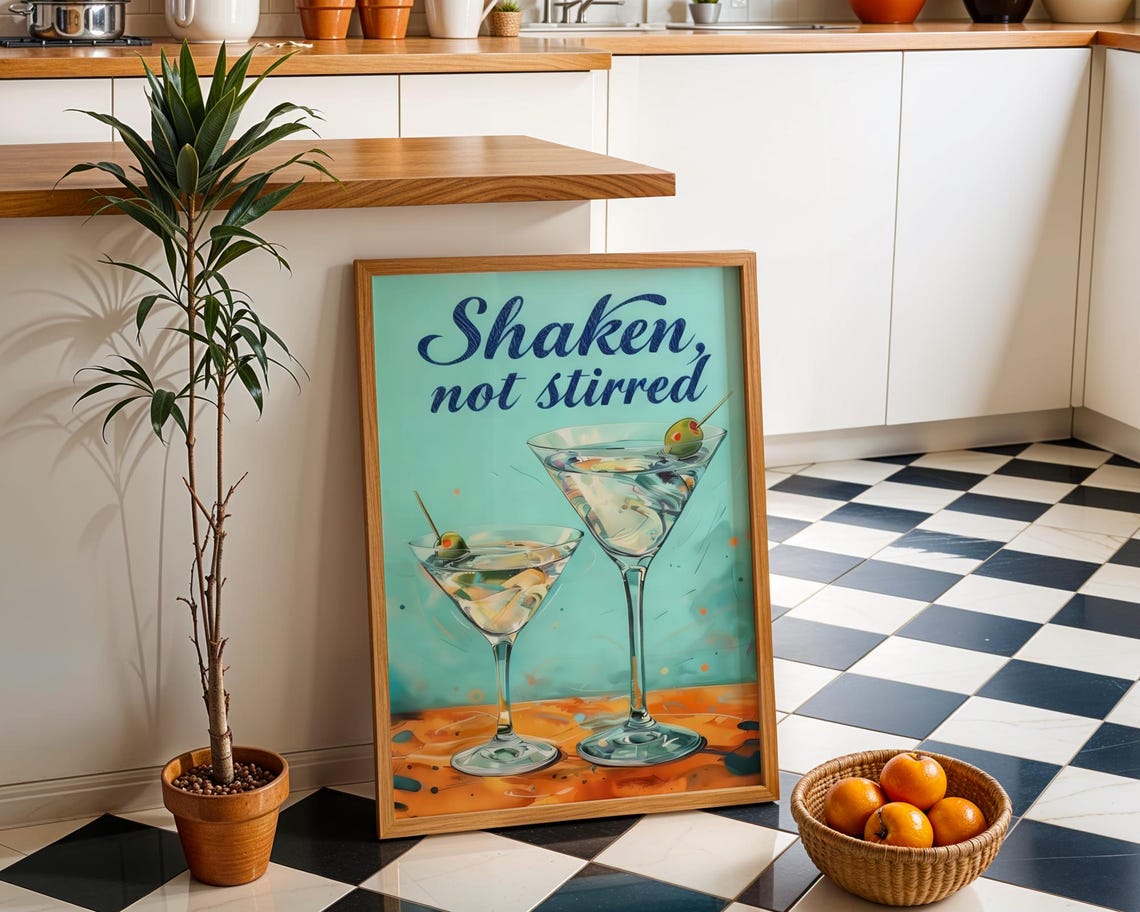 Shaken Not Stirred Martini Glasses Retro Turquoise Cocktail Bar Poster