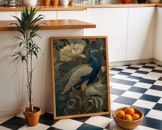 Art Nouveau Peacock Print Botanical Wall Elegant Blue And Gold Bird Illustration Vintage Nature Dcor Floral Poster