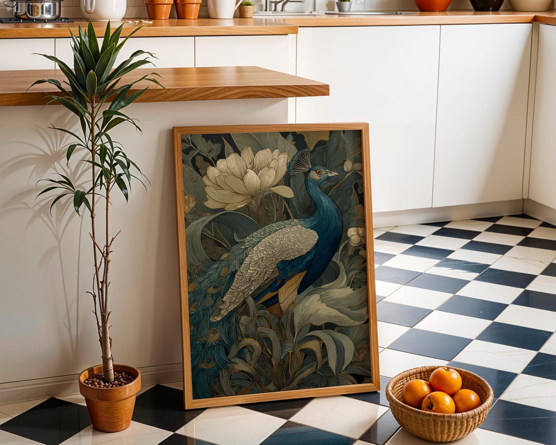 Art Nouveau Peacock Elegant Blue Gold Botanical Bird Portrait Poster