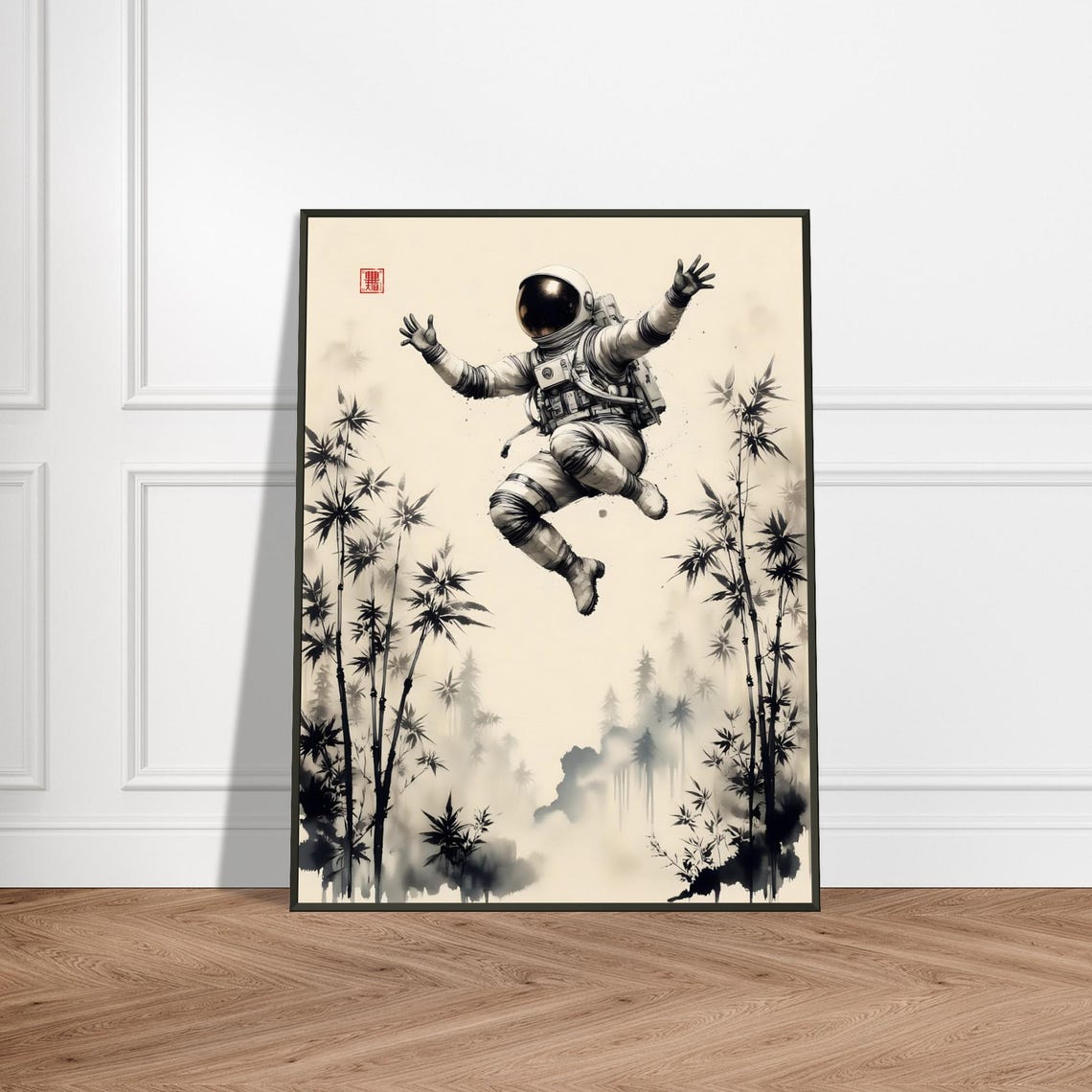 Astronaut In Bamboo Forest Print Japanese Ink Style Space Art Surreal Sumie Wall Decor Zen Scifi Illustration For Modern Home
