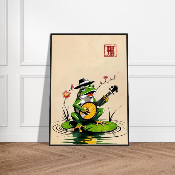 Japanese Frog Musician Art Print Green Playing A Banjo On Lily Pad Traditional Asianinspired Illustration Whimsical Zen Decor