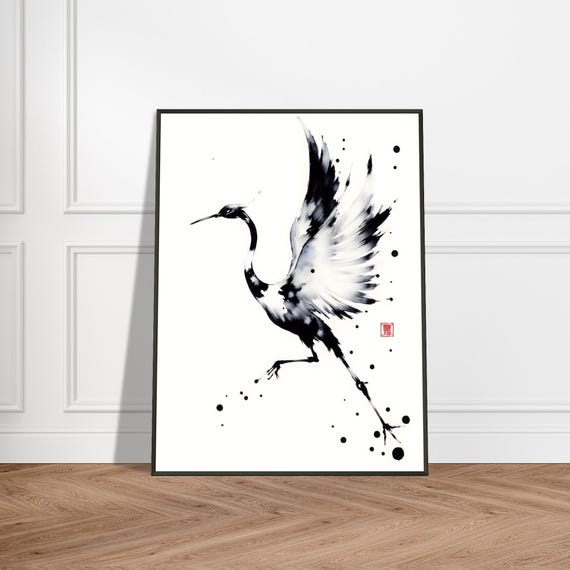 Japanese Crane In Flight Minimalist Zen Ink Wall Art Print With Metal Frame Elegant Monochrome Brushstroke Bird Decor