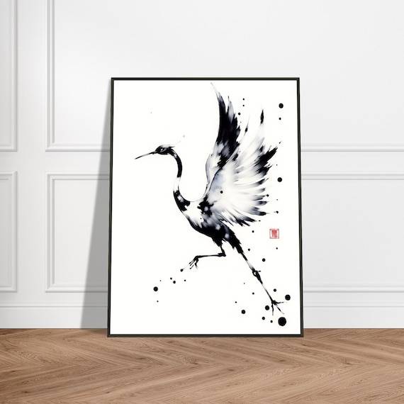 Soaring Crane Japanese Sumi E Ink Wash Minimalist Bird Poster