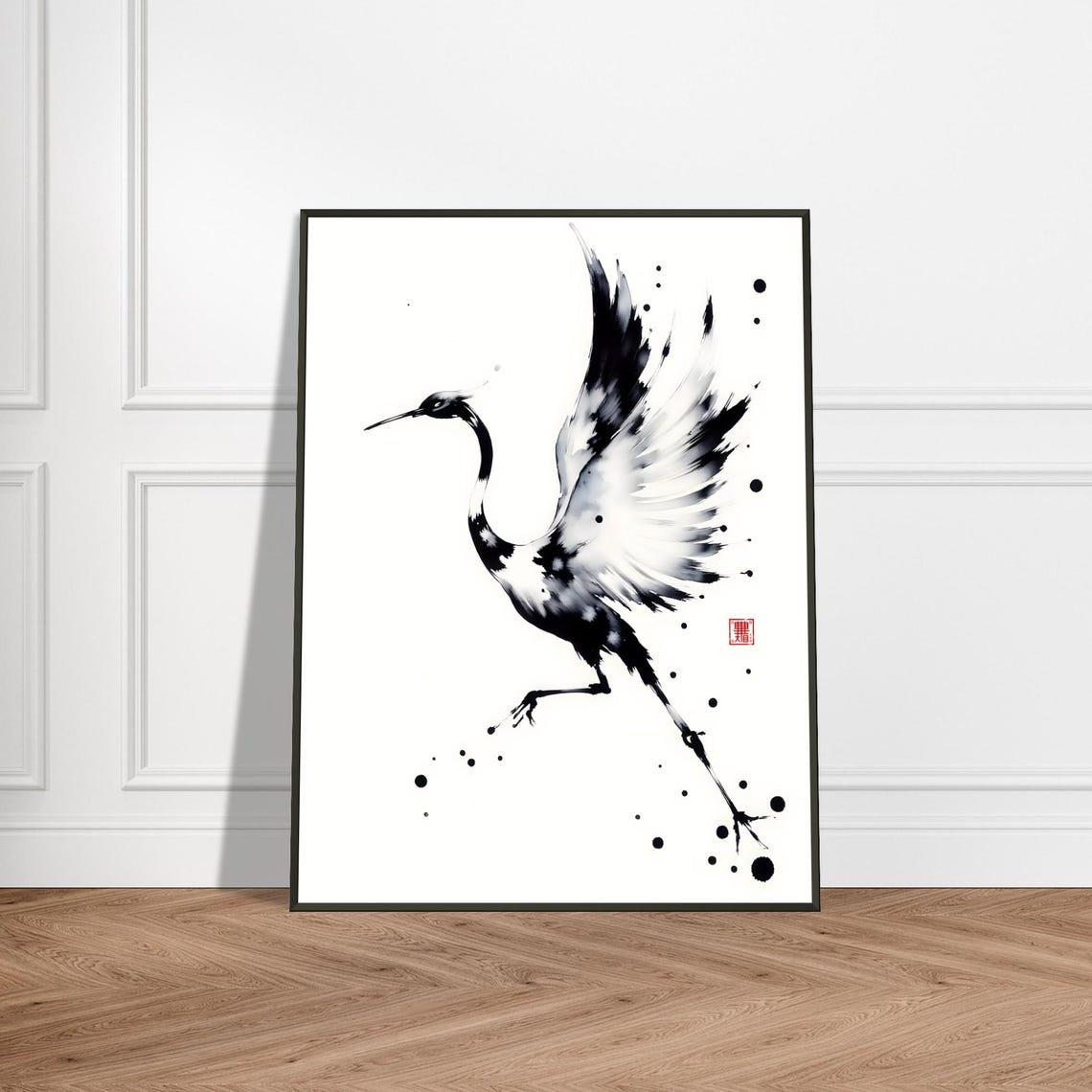 Soaring Crane Japanese Sumi E Ink Wash Minimalist Bird Poster