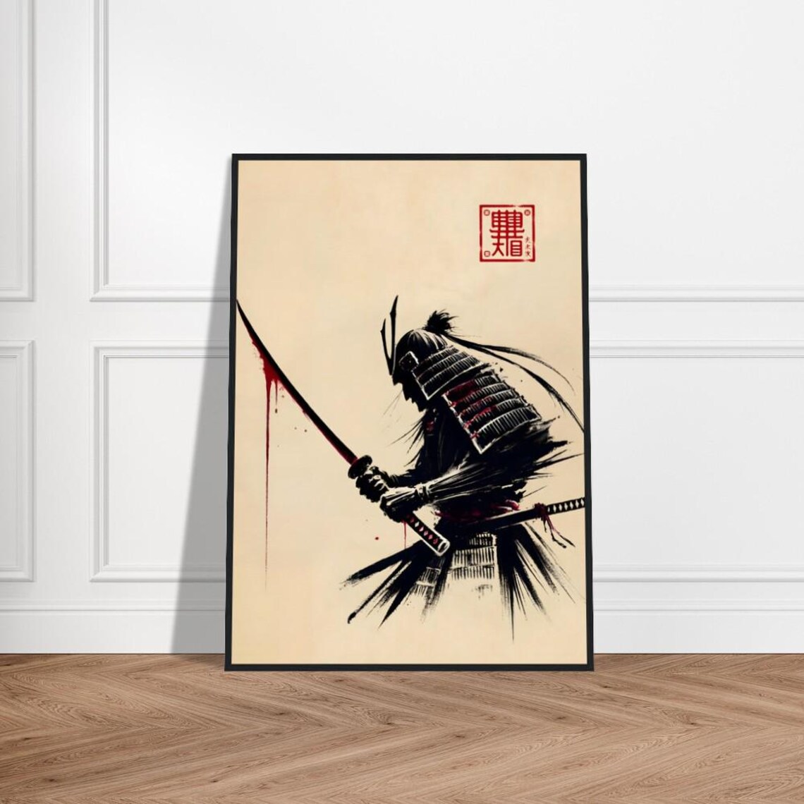 Armored Samurai with Bloodied Katana Ink Japanese Art Poster