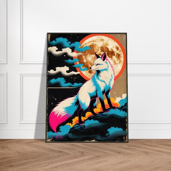 Enchanted White Fox Under Glowing Full Moon Neon Japanese Poster