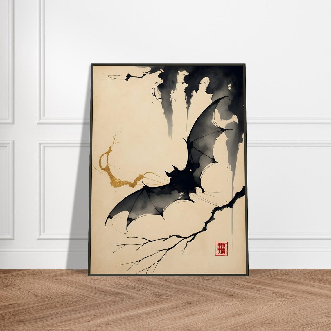 Japanese Sumi-e Bat in Flight Over Bare Tree Branches Poster