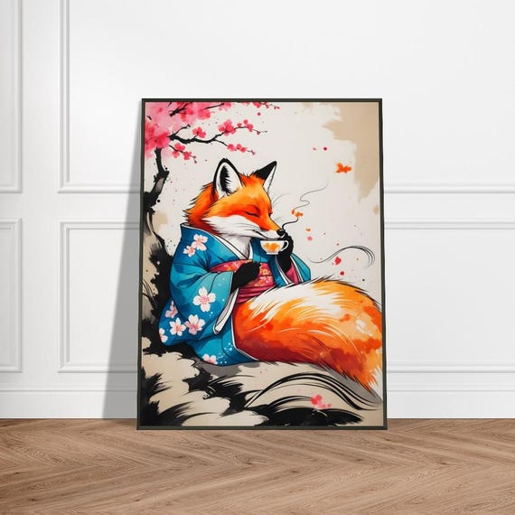 Fox In Kimono Wall Art With Metal Frame Japaneseinspired Ink Illustration Cherry Blossom Motif Vibrant Blue And Orange Design