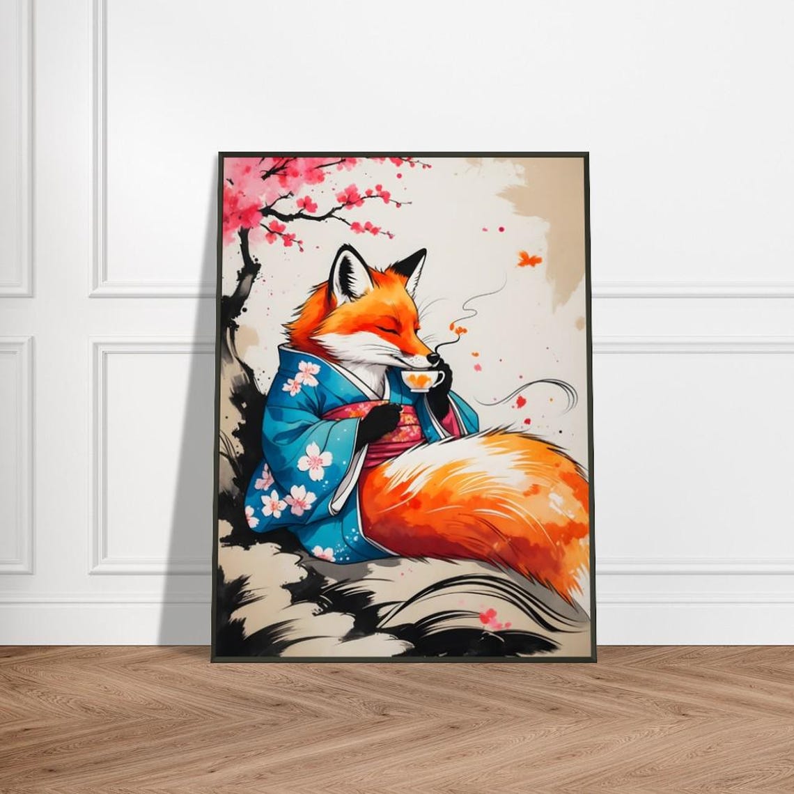 Red Fox Drinking Tea In Blue Kimono Under Cherry Blossom Poster