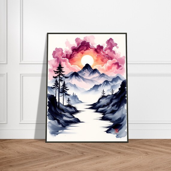 Pink Sunset Misty Mountain Valley Pine Trees Japanese Art Poster