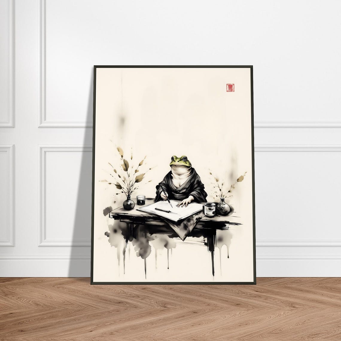 Wise Frog Scholar Writing Ink Brush Japanese Watercolor Poster