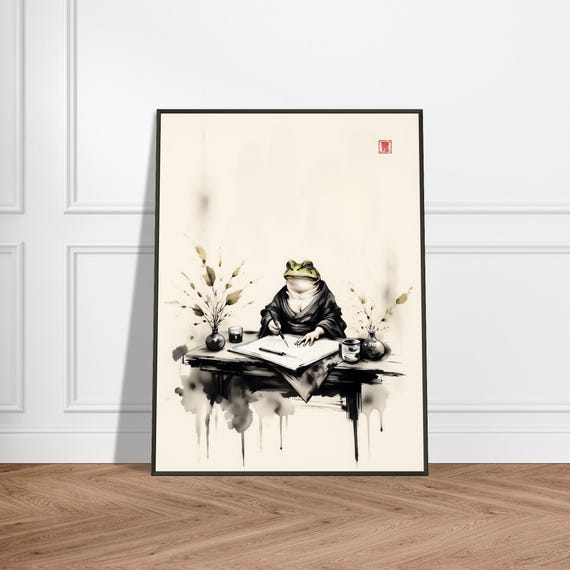 Japanese Zen Frog Writer Ink Wall Art Print With Metal Frame Minimalist Anthropomorphic Animal Calligraphy Decor