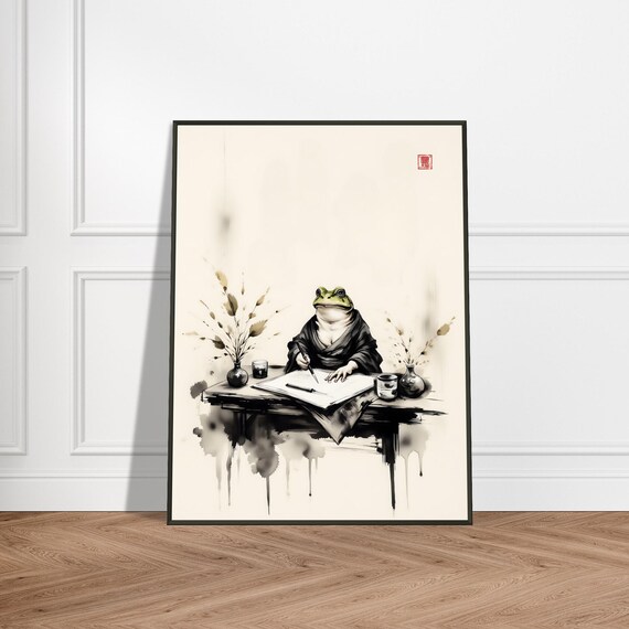 Wise Frog Scholar Writing Ink Brush Japanese Watercolor Poster