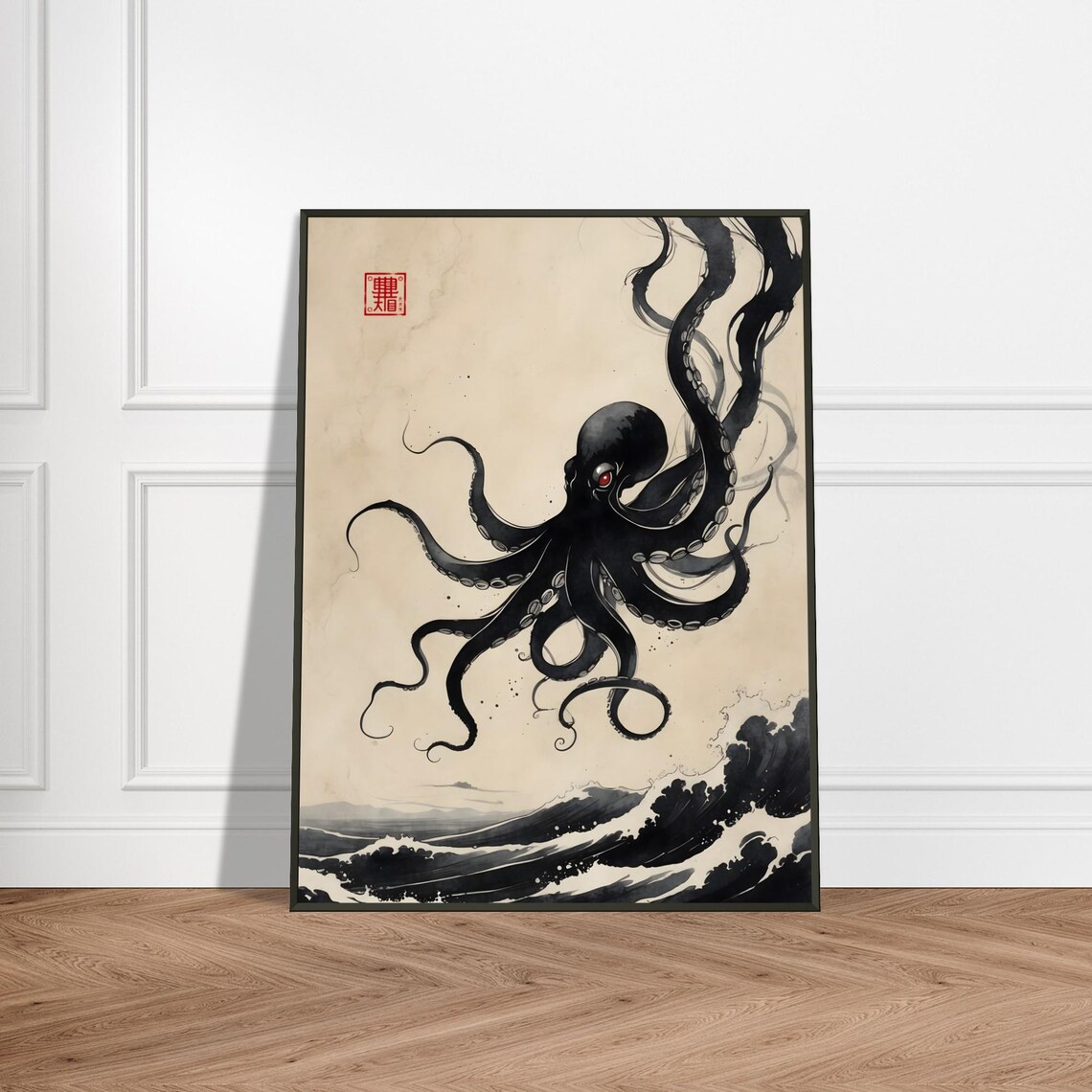 Japanese Sumi-E Octopus Art Print, Ink Wash