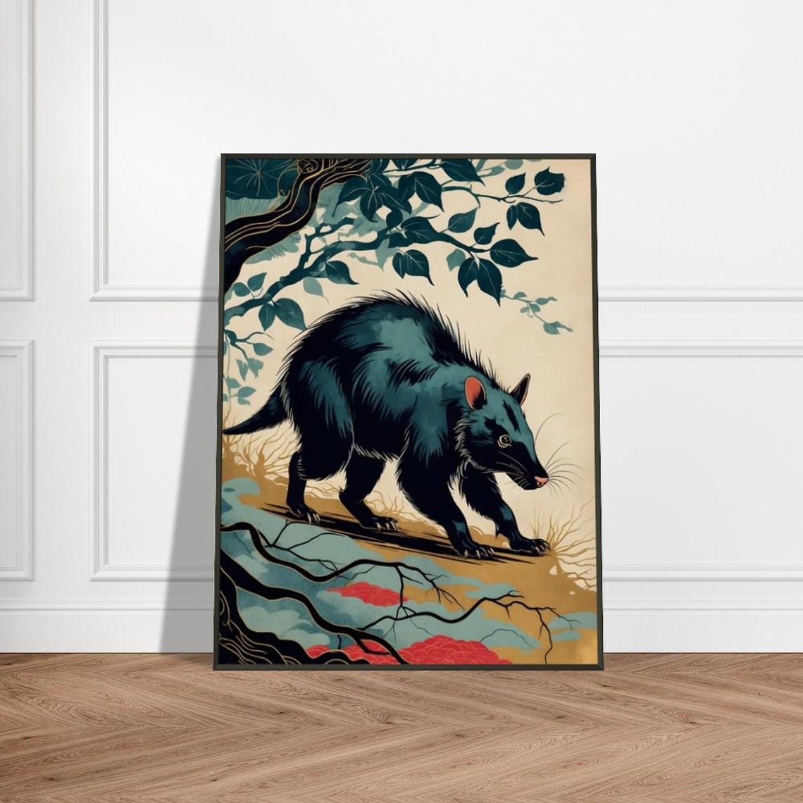 Tasmanian Devil In Mystical Forest Japaneseinspired Wildlife Art Bold Nature Illustration Exotic Animal Wall Decor