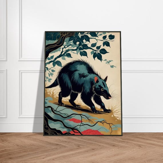 Tasmanian Devil In Mystical Forest Japaneseinspired Wildlife Art Bold Nature Illustration Exotic Animal Wall Decor