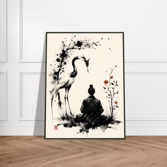 Crane And Monk Wall Art Japanese Ink Style Meditation Scene With Red Crowned Tranquil Metal Framed Zen Decor