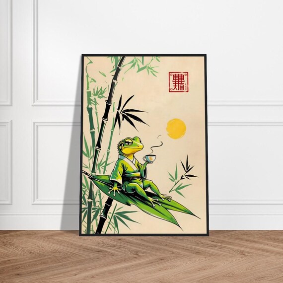 Relaxed Zen Frog In Kimono Enjoying Tea Japanese Bamboo Art Poster