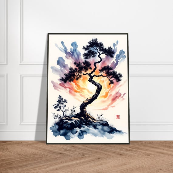Metal Framed Japanese Bonsai Tree Print Watercolor Sunset Ink Art Zen Nature Wall Decor Tranquil Home Gift