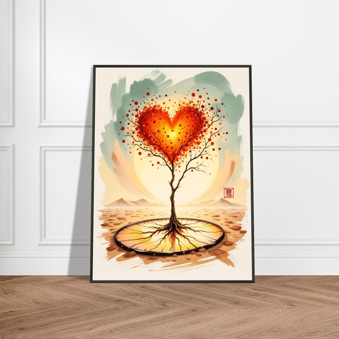 Tree of Love With Heart Shaped Fiery Foliage and Roots Poster