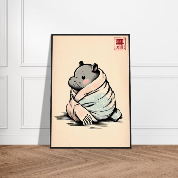 Japanese Moo Deng Art Poster Minimalist Wall Decor Museumquality Matte Paper Framed Zen Animal Print Playful Hippo Artwork