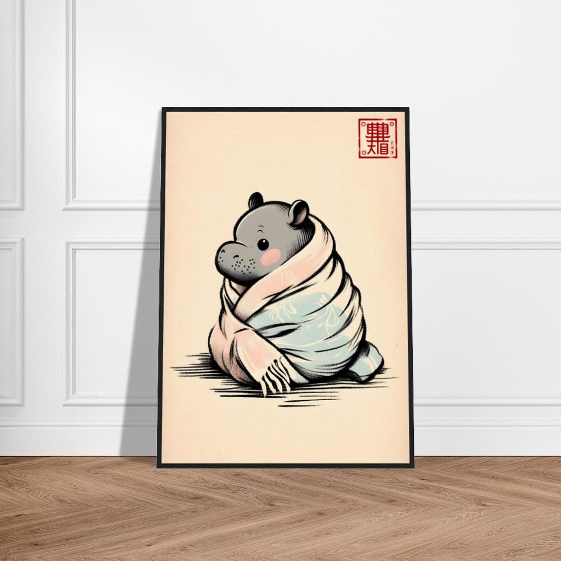 Funny Baby Hippo Wrapped in Cozy Scarf Cute Ink Sketch Poster