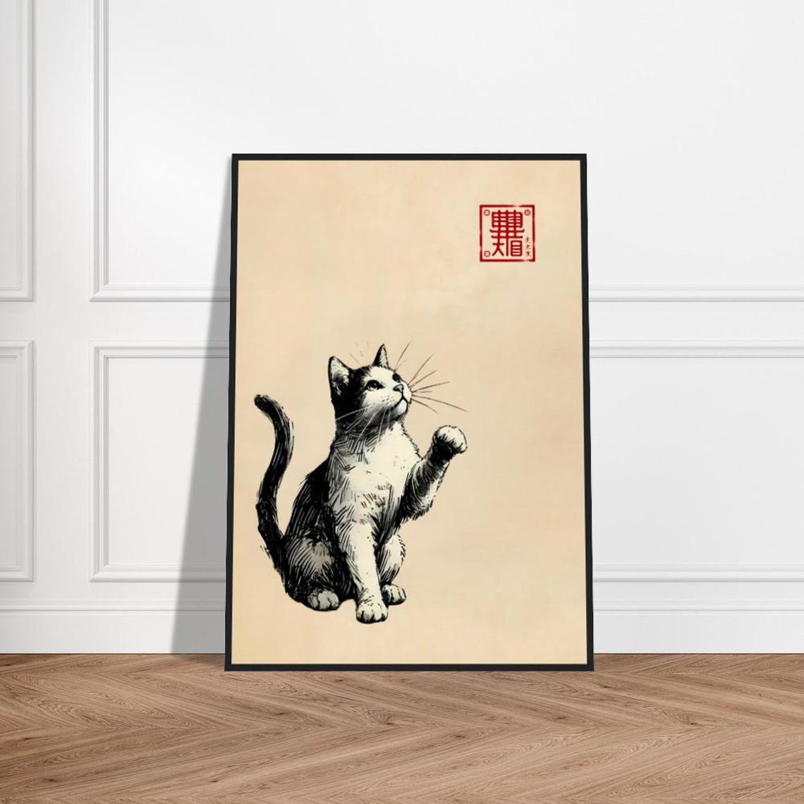 Small Tuxedo Kitten Paw Raised Ink Japanese Art Poster Cute Cat