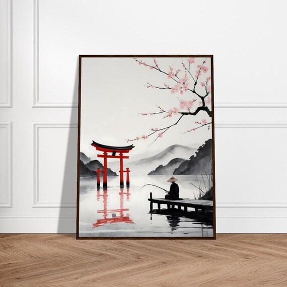 Red Torii Gate in Water Fisherman Dock Cherry Blossom Poster