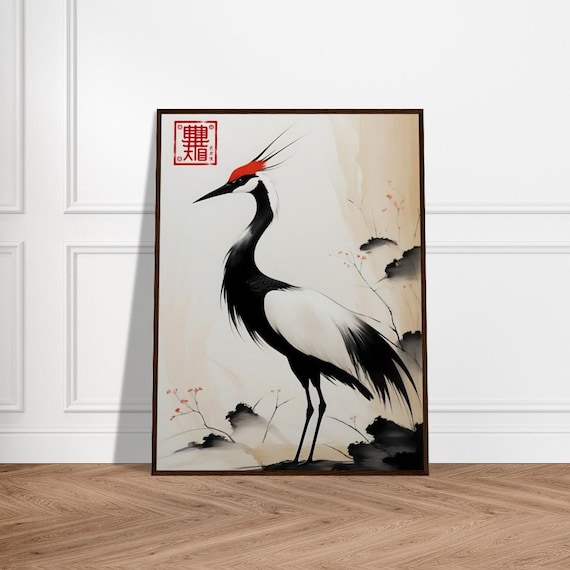 Graceful Red Crowned Crane Japanese Sumi E Standing Art Poster
