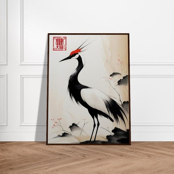 Graceful Redcrowned Crane Japanese Sumie Style Art Minimalist Brushwork With Cherry Blossoms And Zen Print