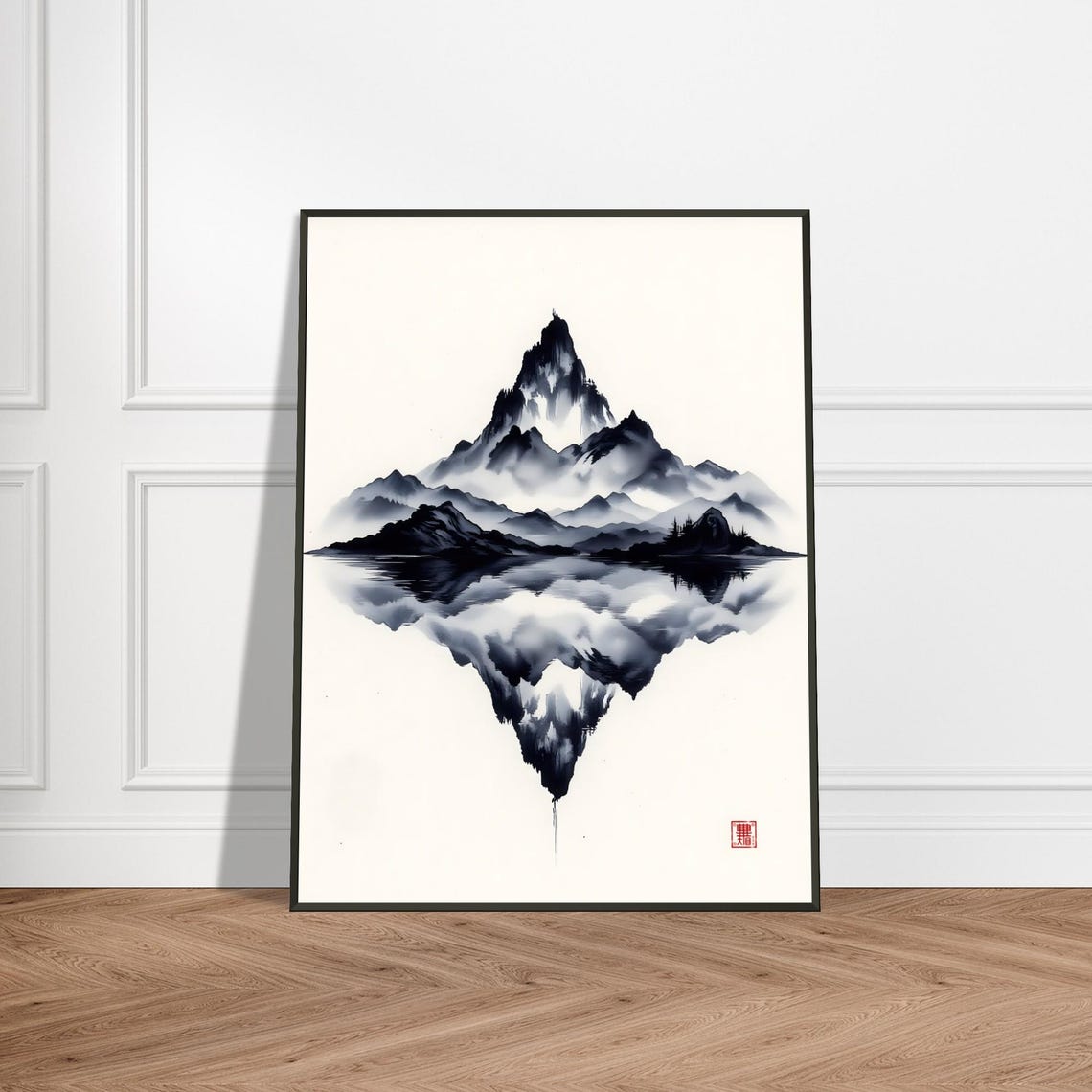 Mountain Peak Perfect Mirror Reflection Soft Ink Wash Poster