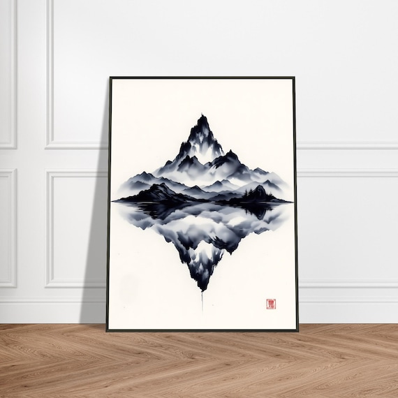 Mountain Peak Perfect Mirror Reflection Soft Ink Wash Poster